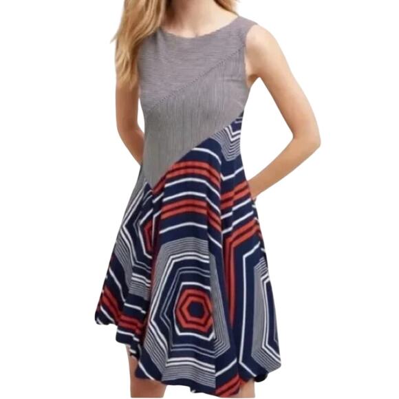 Maeve Anthropologie Cameron Blue Red White Striped Geometric Asymmetric Size S - Picture 1 of 8